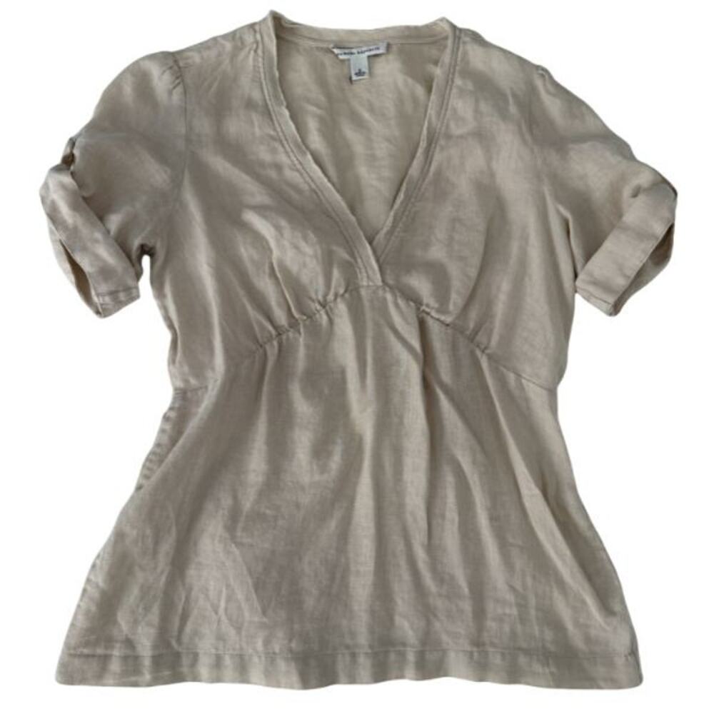 Banana Republic Beige Linen V-Neck Empire Waist Top Roll Tab Sleeve S